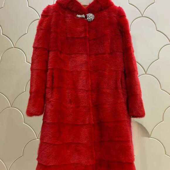New Christmas Holiday Red Scarlet Crimson Mink Fur Coat Jacket Parka Hooded